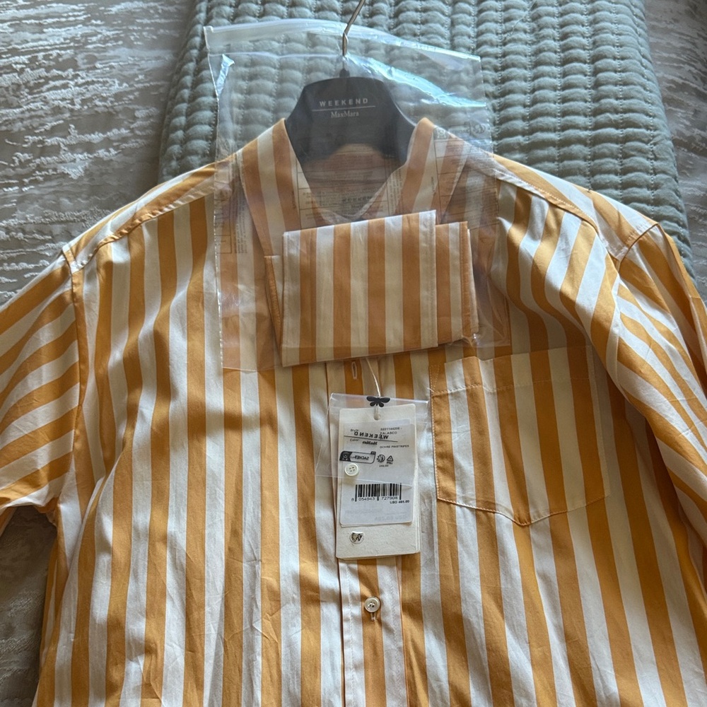 MaxMara Golden Yellow and White Striped Long Sleeve Shirt Dress. Brand New tags